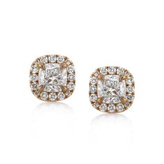 1.25ct Cushion Cut Diamond Stud Earrings in 18k Rose Gold Cushion Cut Halo Diamond Earrings, Mark Broumand, Halo Stud Earrings, Fake Jewelry, Cushion Cut Diamond, Halo Earrings Studs, Cushion Cut Diamonds, Diamond Stud Earrings, Diamond Stud