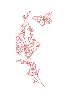 two butterflies flying next to each other on top of a white background with red ink