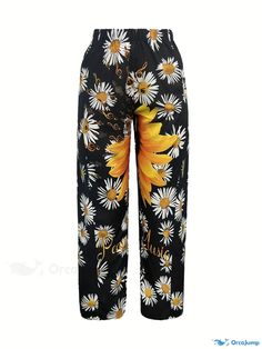 Orcajump - Plus Size Casual Pants, Women's Plus Sunflower Print High Rise Wide Leg Pants With Pockets Casual Full-length Bottoms With Floral Print, Casual Full Length Bottoms With Floral Print, Casual Floral Print Full-length Bottoms, Casual Full-length Printed Pants, Casual Full Length Printed Pants, Casual Black Floral Print Pants, Black Printed Pants For Spring, Spring Black Printed Pants, Non-stretch Black Printed Bottoms