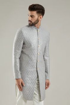 Shop for Kasbah Silver Chanderi Metallic Embroidered Bandhgala for Men Online at Aza Fashions Fitted Silver Kurta For Festive Occasions, Elegant Bandhgala With Gota Work For Diwali, Elegant Festive Bandhgala With Gota Work, Elegant Nehru Jacket With Mirror Work For Festivals, Festive Silver Fitted Kurta, Formal Kurta With Gota Work For Festivals, Festive Formal Kurta With Gota Work, Formal Gota Work Kurta For Festivals, Designer Long Sleeve Nehru Jacket For Festive Occasions