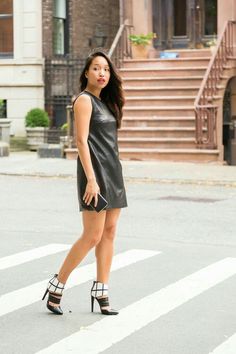 Leather Shift Dress, Red Orange Lipstick, Tiny Closet, Combat Boots Style, Statement Heels, Black Leather Dresses, Shiny Clothes, Black Vegan, Red Lipstick