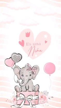 an elephant sitting on top of a pink box with balloons in the shape of hearts