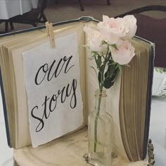 a vase with flowers sitting on top of an open book