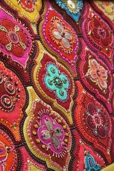 a close up view of a colorful bag