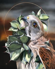 a painting of an owl with leaves around it's neck