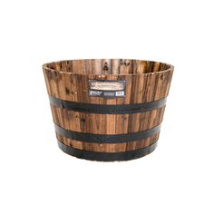 a wooden barrel with black straps on the bottom is shown in front of a white background