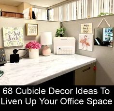 a desk with pictures and flowers on the wall next to a phone, lamp, telephone cord