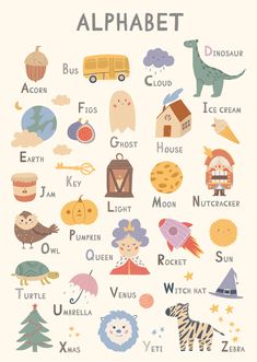 a poster with different types of animals and letters