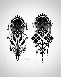 two black and white wall hangings with designs on them