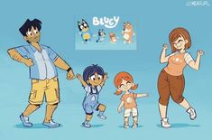 an animated family standing in front of a blue background with the words bucy on it