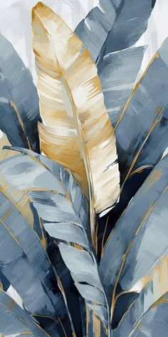 an abstract painting of blue and gold leaves