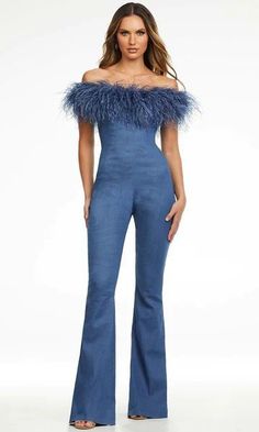 As you wear this lovely creation from Ashley Lauren 11123, you will dazzle the crowd with your charm. Stretch denim fitted gown with off-the-shoulder feather neckline and mid-open back. Prom Jumpsuit, Ruffle Long Dress, Neckline Details, Fitted Gown, Fitted Gowns, Sequin Jumpsuit