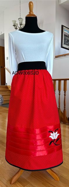 RS006SJD Ribbon Skirt Red Print w/Floral Design Pockets 30" - 40" Waist (Elastic Band) 51" Hips 33" Length Cotton Fabric (Belt not included) Ribbon Skirt, Ribbon Skirts, Womens Skirts, Fabric Belt, Elastic Band, Art Collection, Floral Design, Womens Skirt, Cotton Fabric