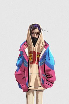 a drawing of a woman in a pink and blue hoodie with her hands on her hips