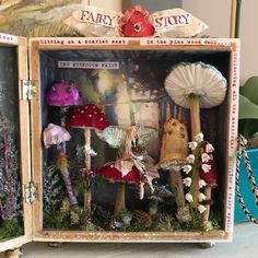 an open box filled with lots of different types of mushrooms and plants in it's display case