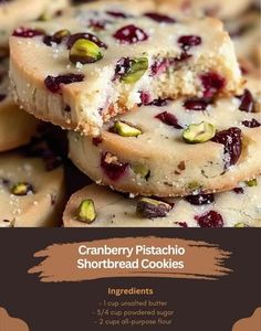 cranberry pistachio shortbread cookies are stacked on top of each other