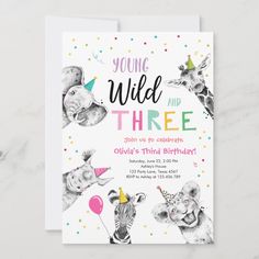 a birthday card with an image of animals on it and the words, young wild and three