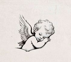 an ink drawing of a baby with wings on it's back and head resting on its chest