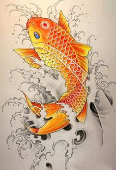 a drawing of a goldfish with water splashing on it's back side