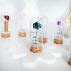 several bottles with flowers in them sitting on a white counter top next to each other