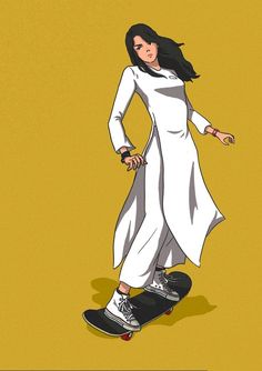 a woman on a skateboard with the words break the standards written below her feet