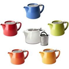 four different colored teapots with lids and spoons in each one on a white background