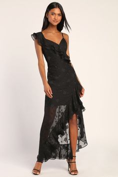 Be a stunning vision in everyone's eyes with the Lulus Forever Be Black Floral Jacquard Ruffled Maxi Dress! Lightweight woven chiffon is embellished with a textured floral jacquard pattern that forms a one-shoulder-inspired V-neckline with an adjustable spaghetti strap and a wide flounce strap. Tiers of ruffles carry across a princess-seamed bodice that tops an empire waist and cascades into a flowy maxi skirt with an asymmetrical ruffled trim and side slit. Hidden side zipper/clasp. Fit: This g Black Floral Dress Formal, Rehearsal Dinner Outfits, Flowy Maxi Skirt, Macy Dresses, Flowy Maxi Skirts, Black Ruffle Dress, Dress Flowy, Formal Dresses Gowns, Adhesive Bra