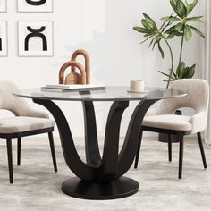 a glass table with chairs around it in front of a plant and pictures on the wall