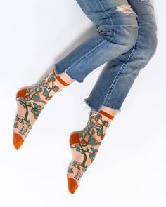 Inspired by vintage tapestries, our Tree of Life Sheer Crew Sock features a lush tree design with ornately whimsical buds. Uniquely complex, this sock offers more than what meets the eye with different views of the tree from the side and the front in a mirrored pattern. The burnt orange heel, toe, and cuff gives this style all the Fall vibes. One Size. Recommended fit US W5.5-10. 200 Needle Count. ✨ Funky yet elegant - no silly or childish patterns 🧦 Premium quality - durably made with comforta Fancy Socks, Shopping Wishlist, Orange Heels, Women Crew Socks, Dress Well, Sheer Fashion