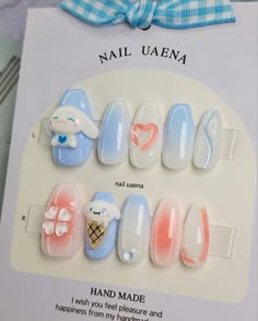 Blue Nails Cartoon, Pastel Pink And Blue Nails Art Designs, 3d Fake Nails, Blue 3d Nail Art, Cinnamonroll Sanrio Nail Art, 3d Bear Nails, Sanrio Nails Design, Douyin Nails Blue