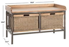 the basket table has two baskets on it and is shown with measurements for each drawer