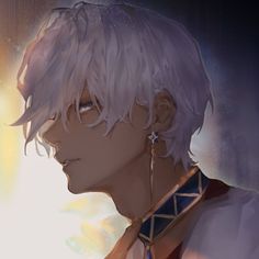 an anime character with white hair, wearing a tie and earring in front of the sun