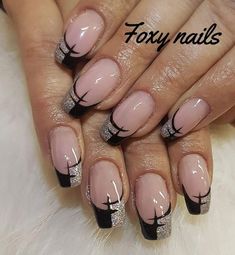 Black Silver Nails Ideas, French Tip Nail Designs Square, Short Black Nails Ideas, Nail Ideas Summer, Ideas Summer Nails, Glitter Gel Nail Designs, Spring Nails Ideas, Summer Nails Art, Elegant Touch Nails