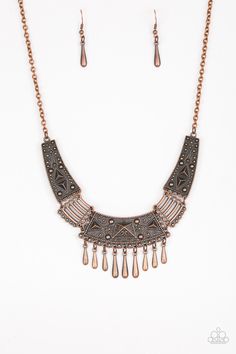 Embossed and studded in tribal inspired details, glistening copper plates connect below the collar in a fierce fashion. Dainty teardrop copper beads drip from the center of the pendant, creating a delicate fringe. Features an adjustable clasp closure.

Sold as one individual necklace. Includes one pair of matching earrings. Copper Plates, Chic Bracelet, Paparazzi Accessories, Copper Necklace, Paparazzi Jewelry, Stunning Earrings, Copper Plated, Necklace Earring Set, Matching Earrings