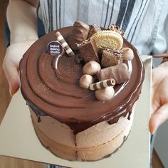 a person holding a chocolate cake with candies on top