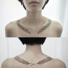 two pictures of a woman's neck with leaves on it