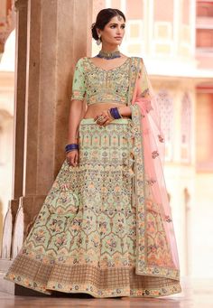 Buy Special Lehenga Party wedding wear dresses Pista green crepe a line lehenga choli 8518 online in USA, UK and Canada from KollyBollyEthnics.com A Line Lehenga, Lehenga Pink, Stone Work Blouse, Green Lehenga Choli, Light Pink Blouses, Indian Bridal Lehenga, Lehenga Wedding, Green Lehenga, Blue Lehenga