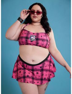 Monster High Pink Plaid Icons Halter Swim Top Plus Size Draculaura And Clawdeen, Monster High Pink, Monster High Collection, Plus Swim, Frankie Stein, Halter Swim Top, Boo Crew, Top Plus Size, Plaid Design