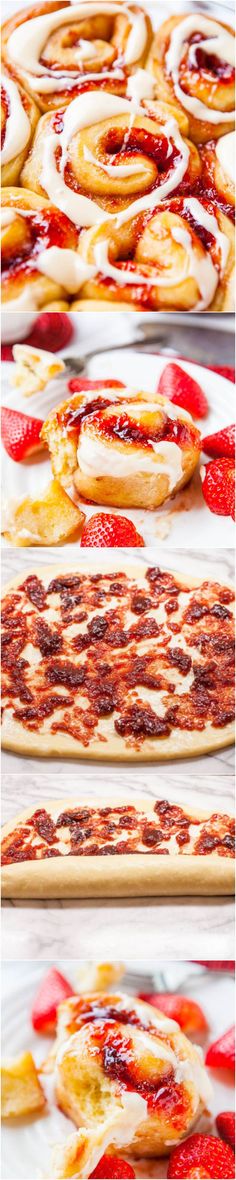 several different types of pastries on trays with strawberries in the bottom right