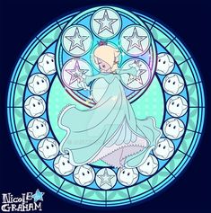 a stained glass window with an image of a woman in blue dress and stars on it