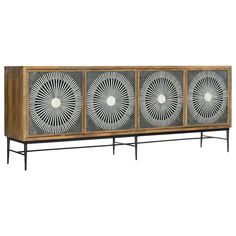 the sideboard is made out of wood and has two fans on it's sides