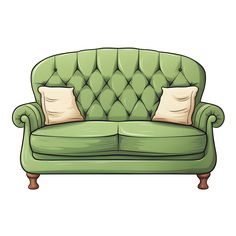 a green couch with two pillows sitting on it's back and the seat up