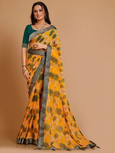 Priya Georgette Floral Printed Brocade Border Saree Soft easy to wear georgette fabric. Beautiful floral print with stone Brocade border Comes with waist belt. Comes with unstitch blouse fabric. Effortlessly elegant and versatile, the Priya Saree is the perfect addition to any wardrobe. Made from soft and lightweight Georgette fabric, it features a stunning floral print and intricate brocade border. Floral Print Georgette Traditional Wear, Navratri Georgette Saree With Floral Print, Bollywood Traditional Wear In Georgette With Printed Border, Navratri Pre-draped Saree With Printed Border, Yellow Georgette Dupatta With Bandhani Print, Yellow Bandhani Print Georgette Dupatta, Pre-draped Saree With Printed Border For Navratri, Yellow Semi-stitched Blouse Piece With Printed Border, Yellow Georgette Pre-draped Saree For Puja