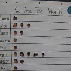 a sign that has some people's faces on it with the words we are the world