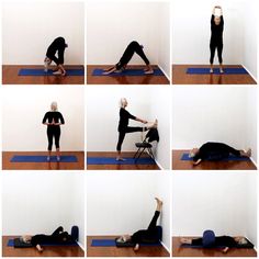 a woman doing yoga poses on a blue mat in front of a white wall with multiple images