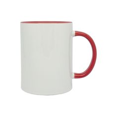 a red and white coffee mug on a white background, with the handle slightly down