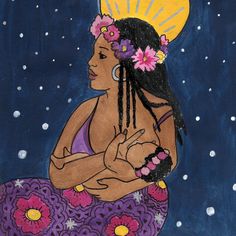 a painting of a woman with flowers in her hair sitting on the ground and looking up at the sky