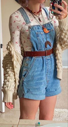 Overalls With Cardigan, Cutesy Aesthetic Outfits, Gremlincore Outfits, Cottagecore Overalls, Overalls With Belt, Short Overalls Outfit, Cottage Core Clothes, Overalls Outfits, Overall Outfit