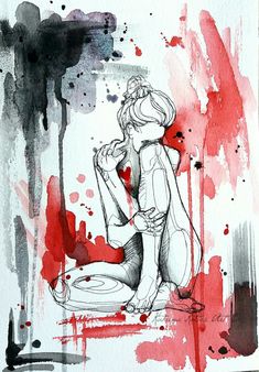 a drawing of a woman sitting on a toilet with red paint splatters around her