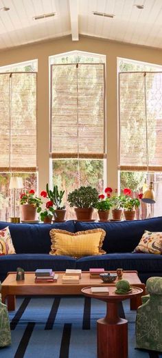 a living room with blue couches and potted plants on the windows sill